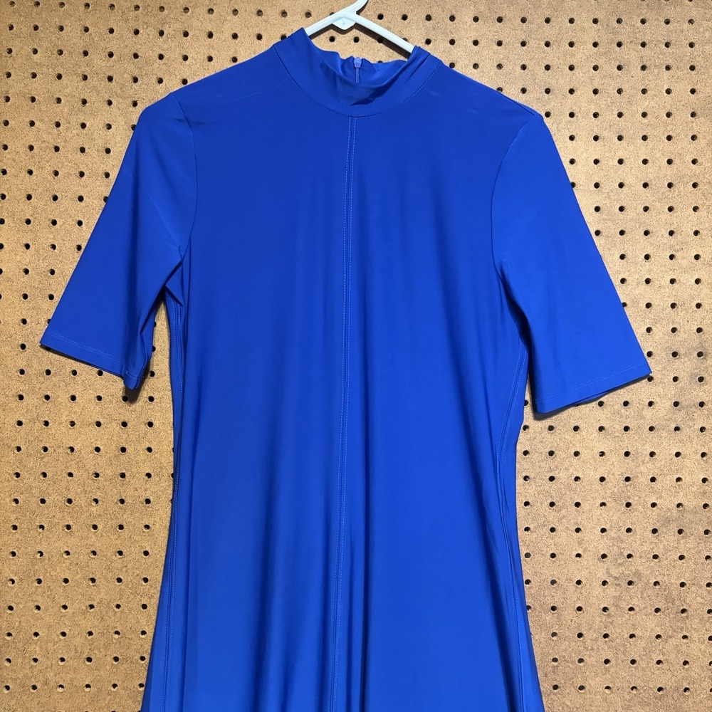 Calvin Klein Asymmetric Midi Dress Medium Cobalt Blue Mock Neck Short Sleeve - Picture 3 of 6